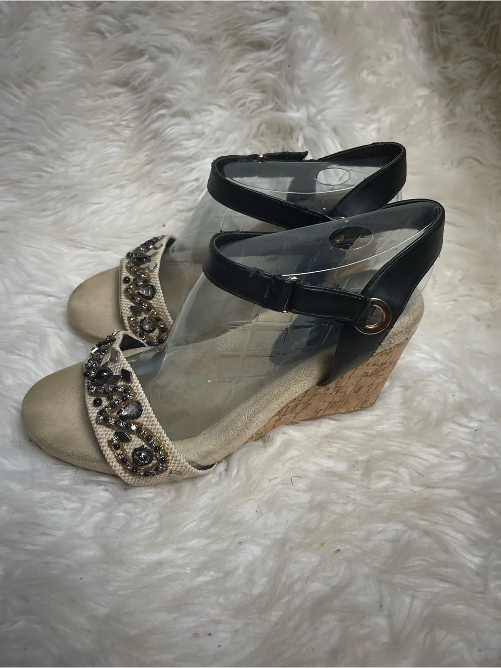 Cloud Walker By Avenue Cork Wedge Sandals Black Ankle Strap & Beaded Front SZ13W